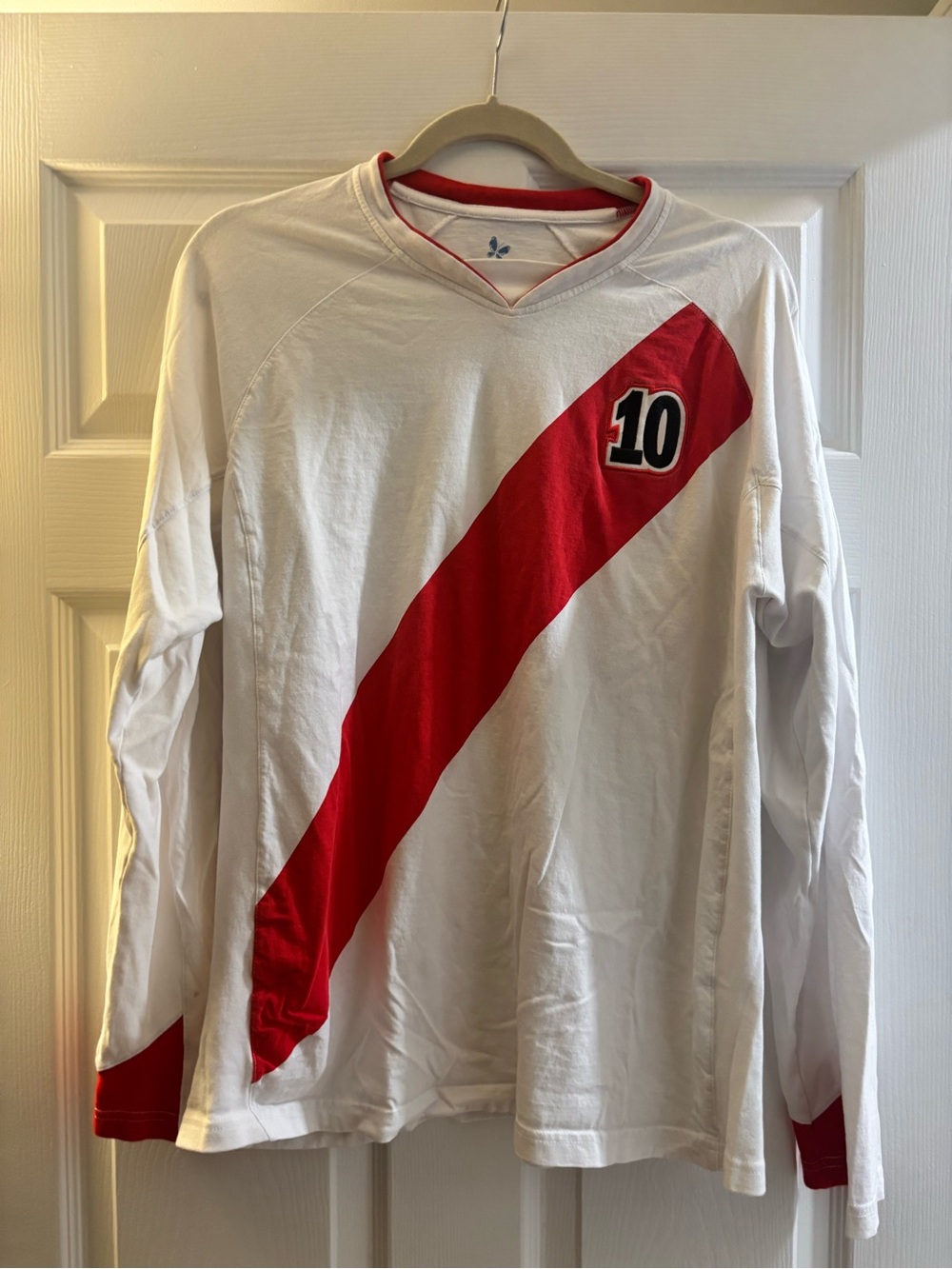 Morphe White Long Sleeve Tee with Red Diagonal Stripe and '10' Patch